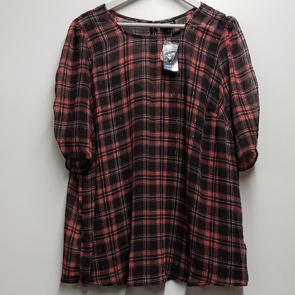 Torrid Chiffon Plaid Ruched Sleeve Blouse With Cami Women's 2X Office Casual NWT